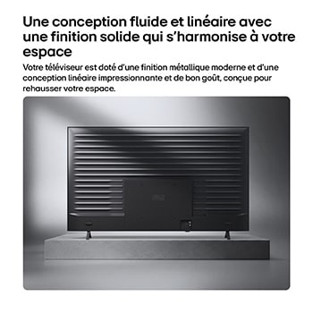 LG NANO 4K UHD AI nu85 is shown from the back, revealing a metallic rear panel with evenly spaced horizontal ridges that create a clean, structured look and emphasize the Linear Flow Design across the entire surface.